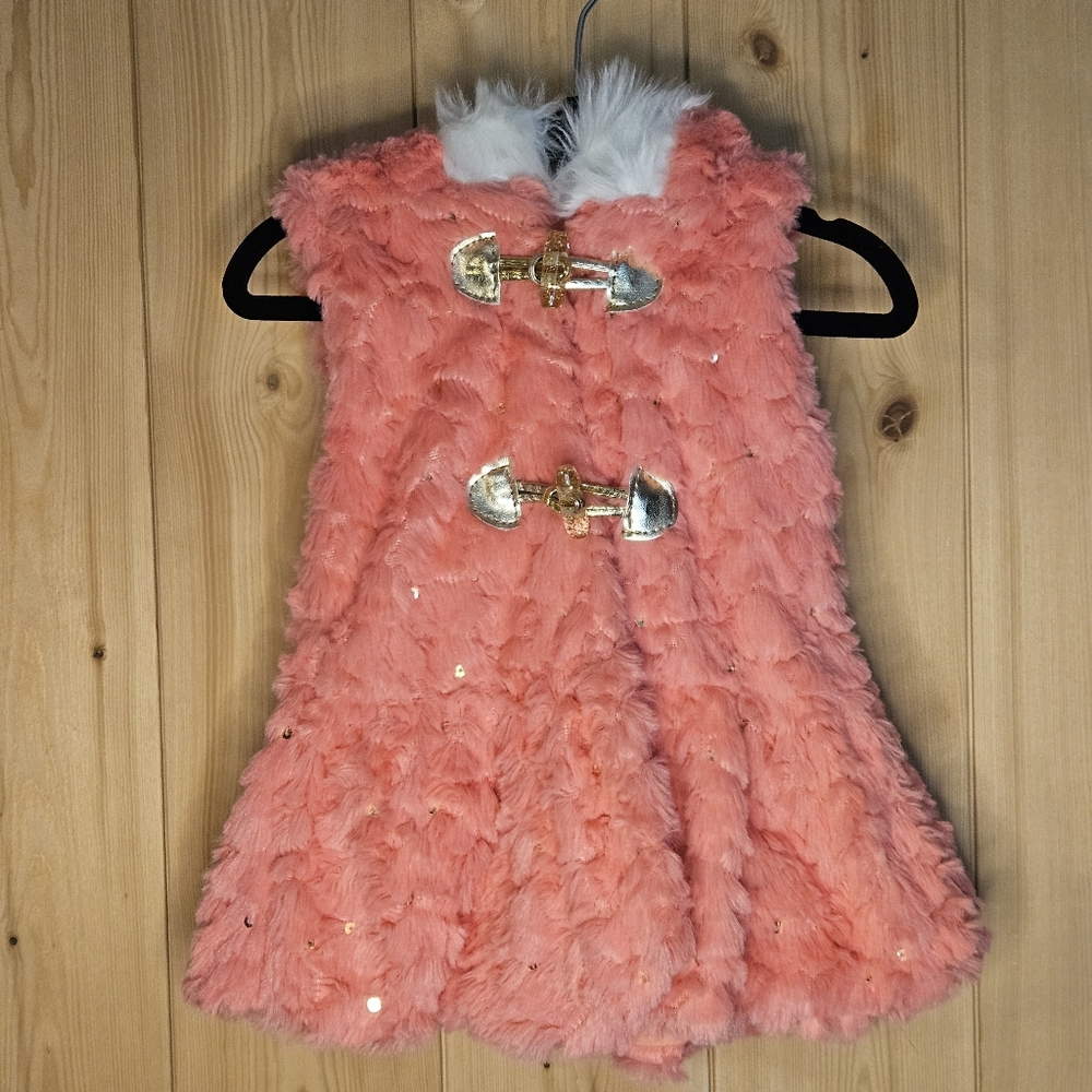 24 Months Little Lass Pink Faux Fur Vest with Gold Accents And Ears On Hood